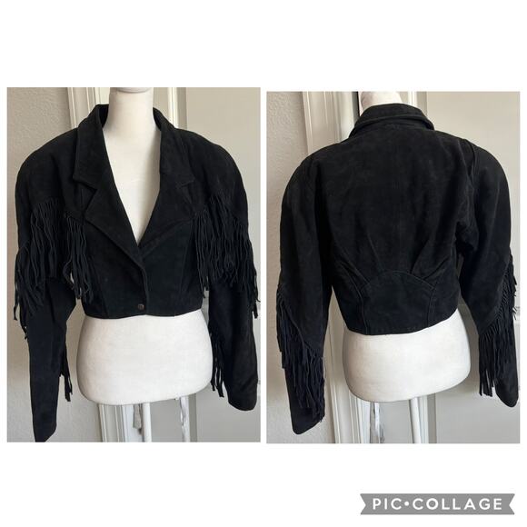 VTG Outerwear by Phoenix 80s Black Suede Fringe Leather Cropped Jacket Western M - Picture 1 of 15